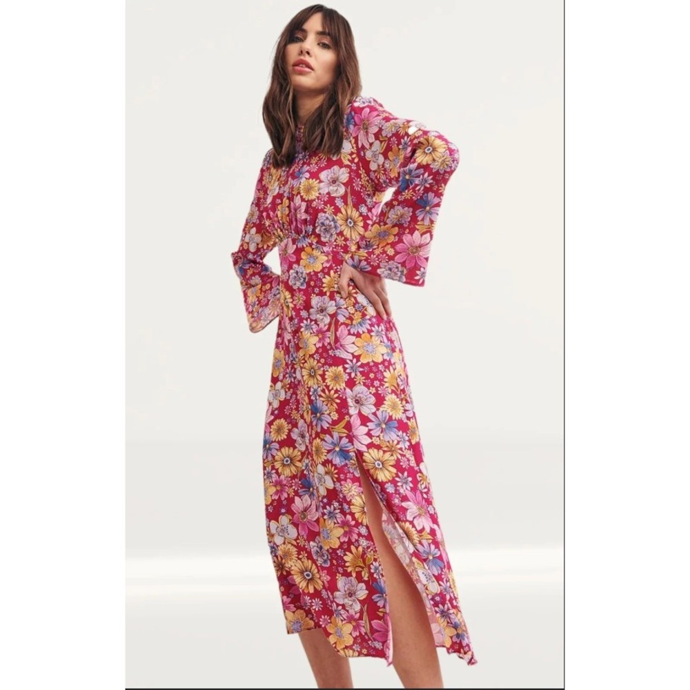 Nobody's Child Pink Floral Long Sleeve Midi Dress Retro Boho Garden Party Size 6